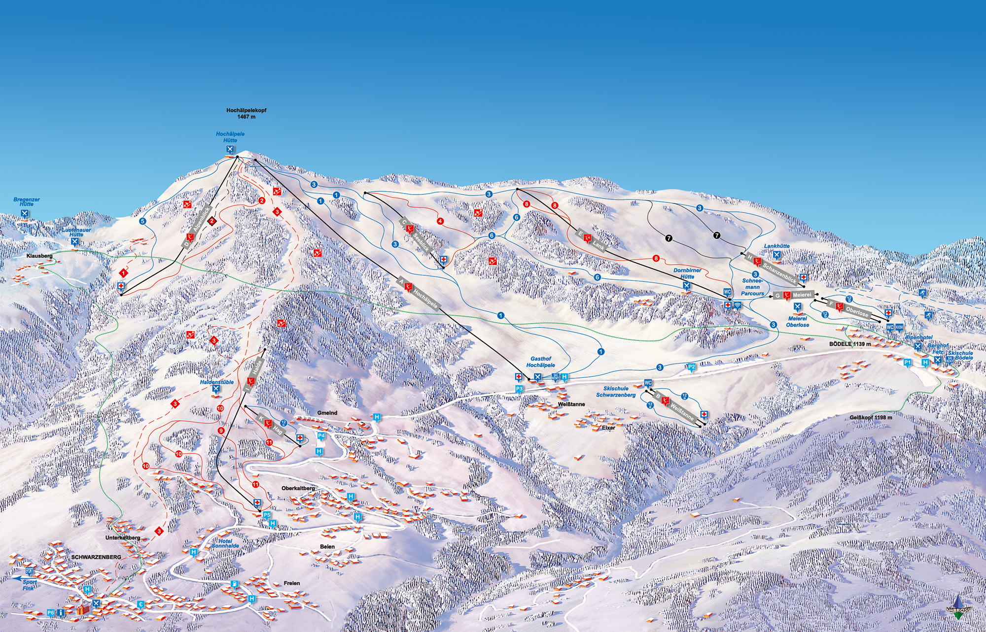 Pistenplan und Übersichtskarte vom Skigebiet Bödele